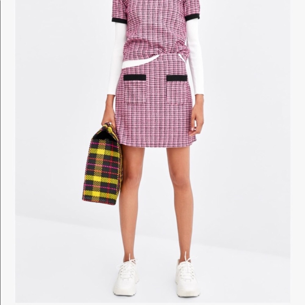 Zara Pink Tweed Jacquard Skirt w/ Contrast Detail